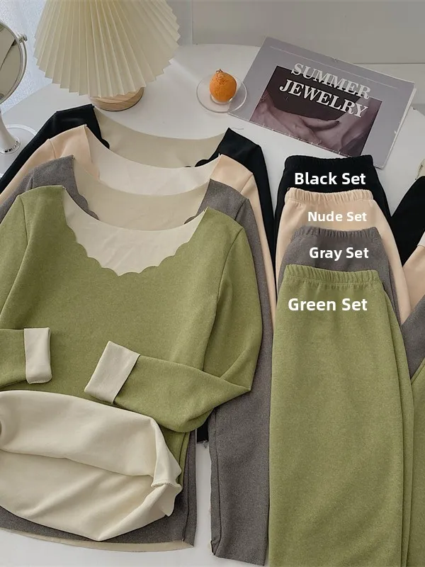 

plus Size Slimming Thermal Base Layer Shirt Women's Thickened Fleece Top Winter Warm Set High Waist Straight Cut Commute Style
