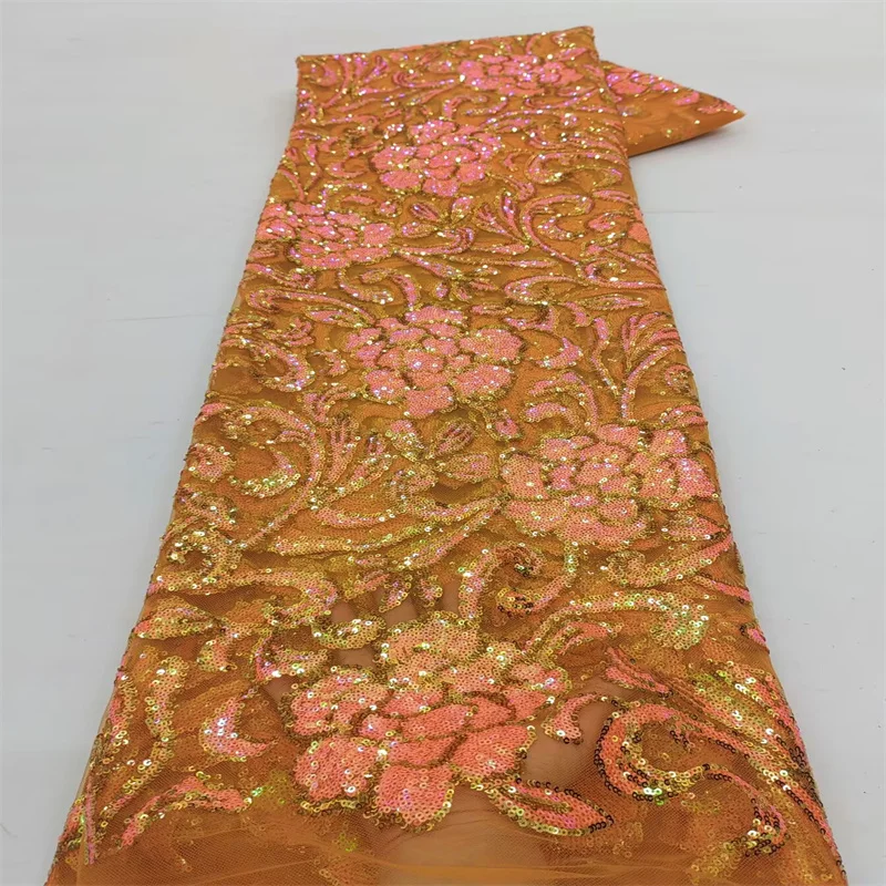 

Розовая африканская кружевная ткань, 2025 оранжевого цвета, высокое качество, французская сетка, тюль, кружево, 5 ярдов, парчовое жаккардовое кружево для свадебного платья