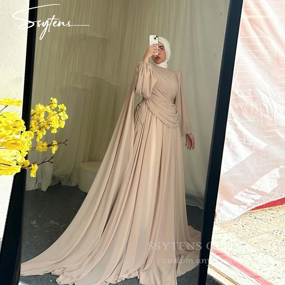 

SSYTENS Elegant Chiffon Long Evening Dresses Full Sleeves Muslim Prom Dress Guest Look A-Line Modest Dubai Prom Gown Customized