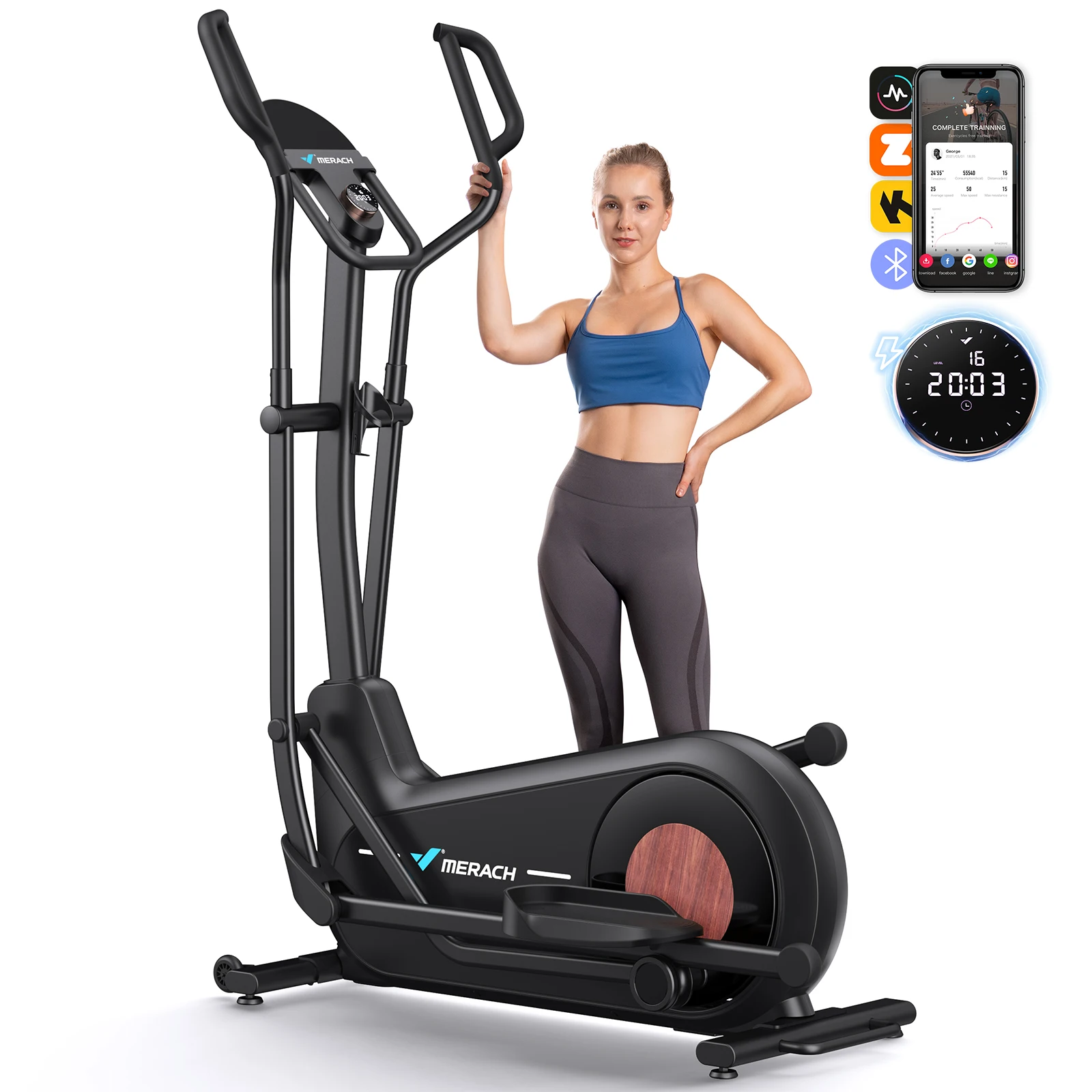 Máquina elíptica MERACH E27 para el hogar, entrenador elíptico Stride de 18,5", sistema de accionamiento magnético hiper silencioso,