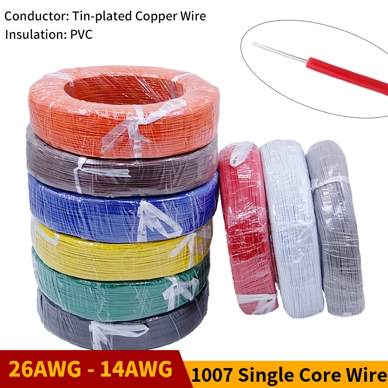 Copper Wire Single Core Cable 26 24 22 20 18 AWG PVC Insulation Solid Tinned Plated Cord Electric Line DIY LED Cable UL1007 Wire