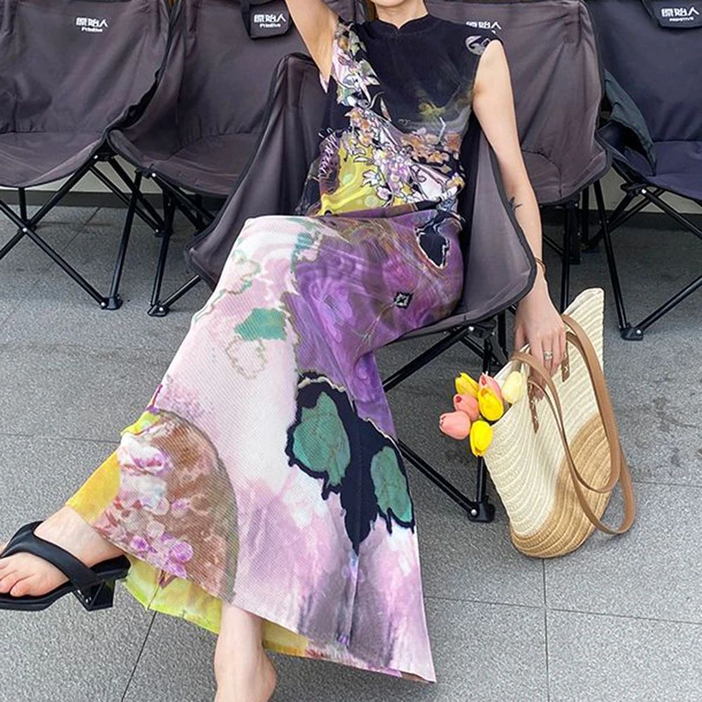 

High-end pleated printed dress, new Chinese national style cheongsam skirt, slim and thin fishtail dress, summer