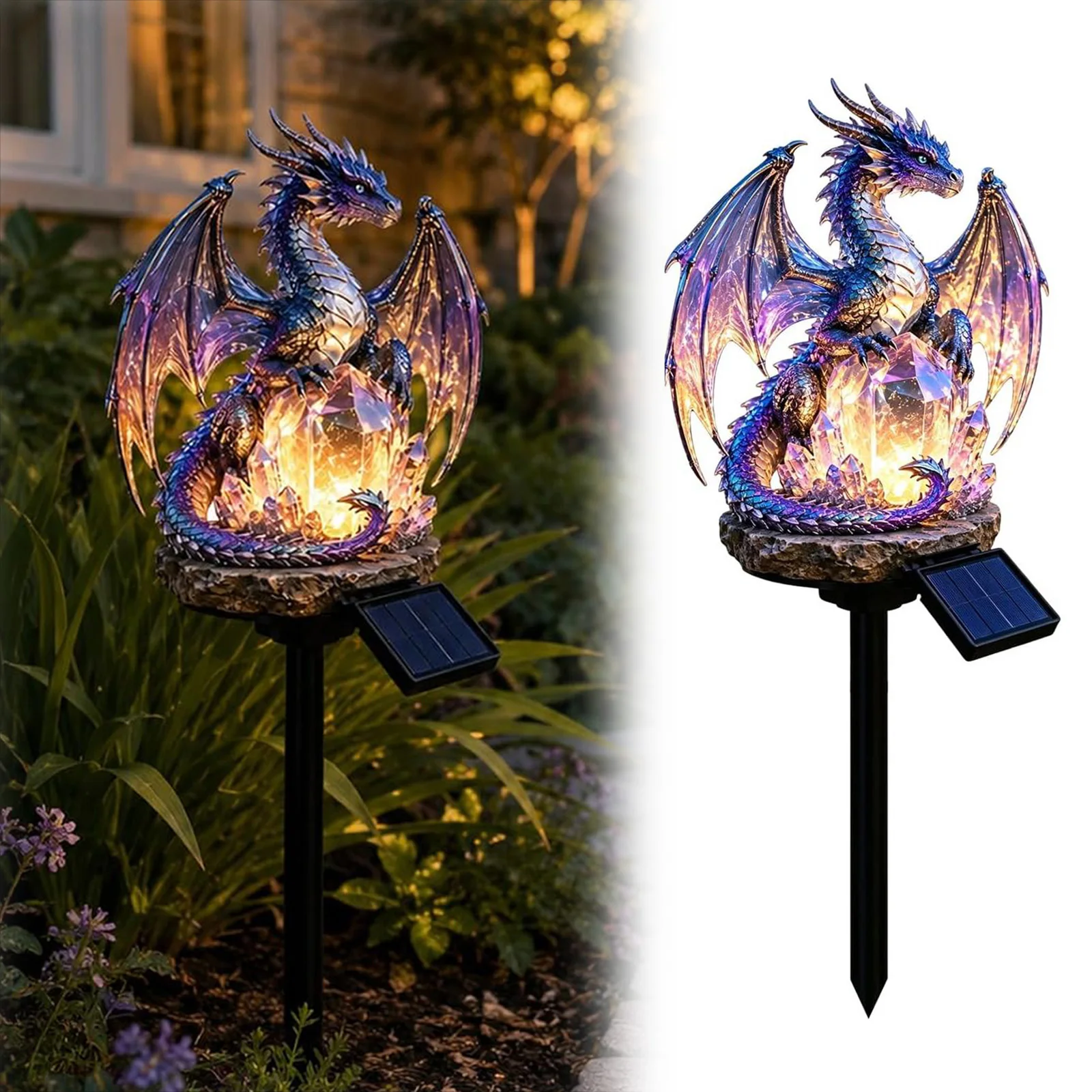 Solarbetriebene goldene Drachen-Lichter, Fantasy-Drachen-LED-Lampen, gotische mittelalterliche Statuenleuchten für Terrasse, Rasen, Hof und Wege.