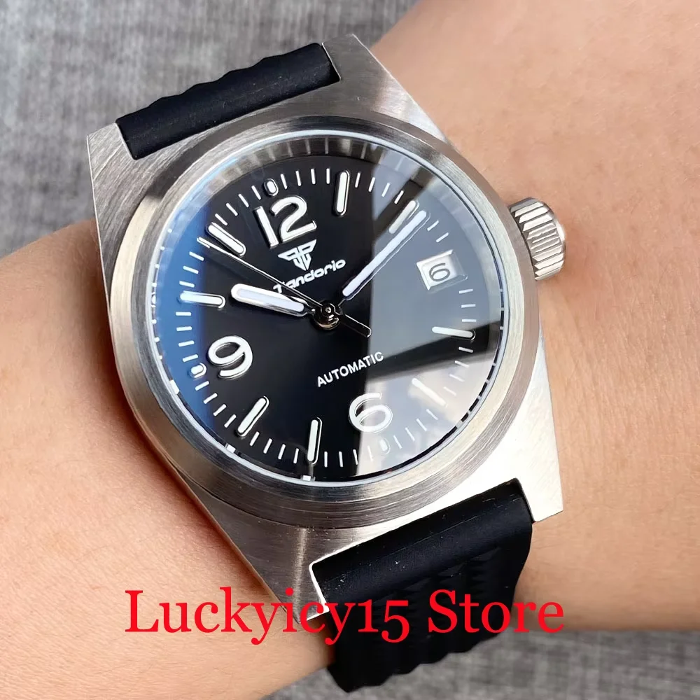 

Tandorio автоматические 24 камня NH35 механизм мужские часы 20ATM пескоструйный квадрат черный синий циферблат с солнечными лучами светящийся сапфировое стекло
