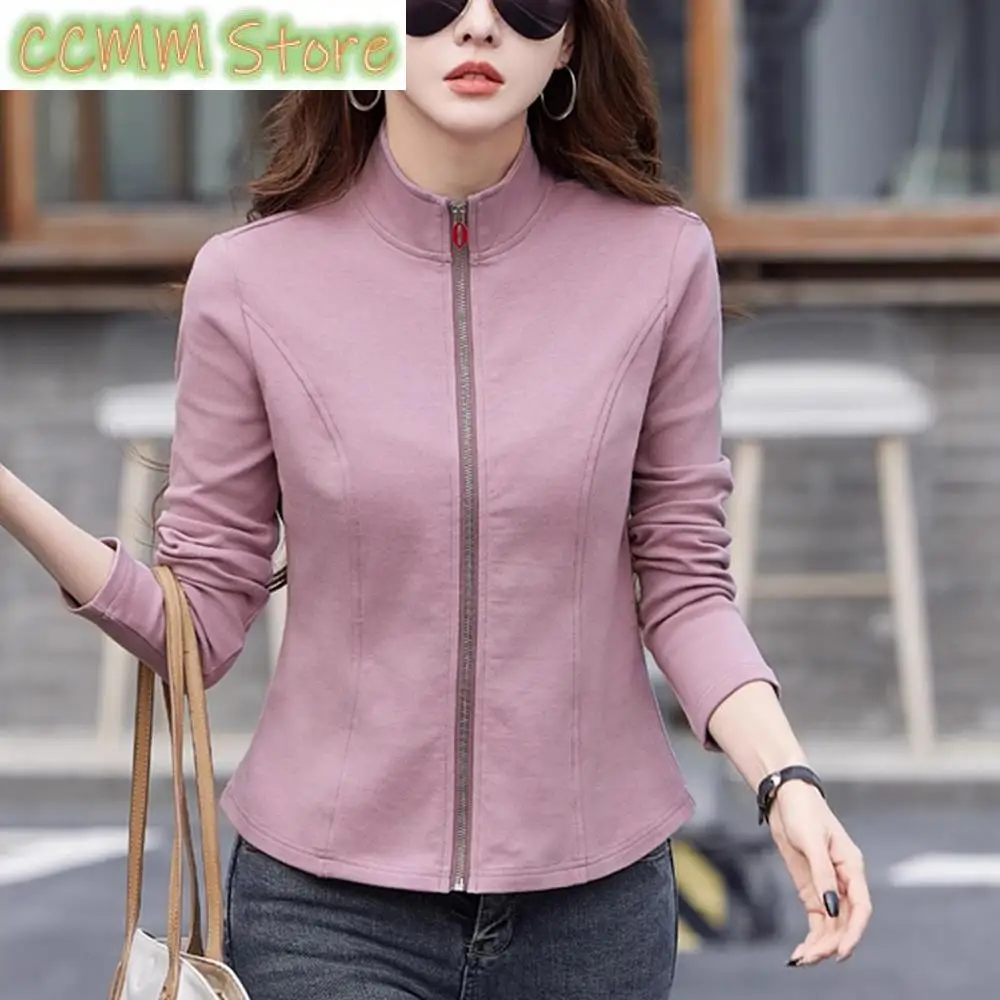 Cotton long sleeved T-shirt for women's spring and autumn fashion Korean version stand up collar loose cardigan zipper casual to