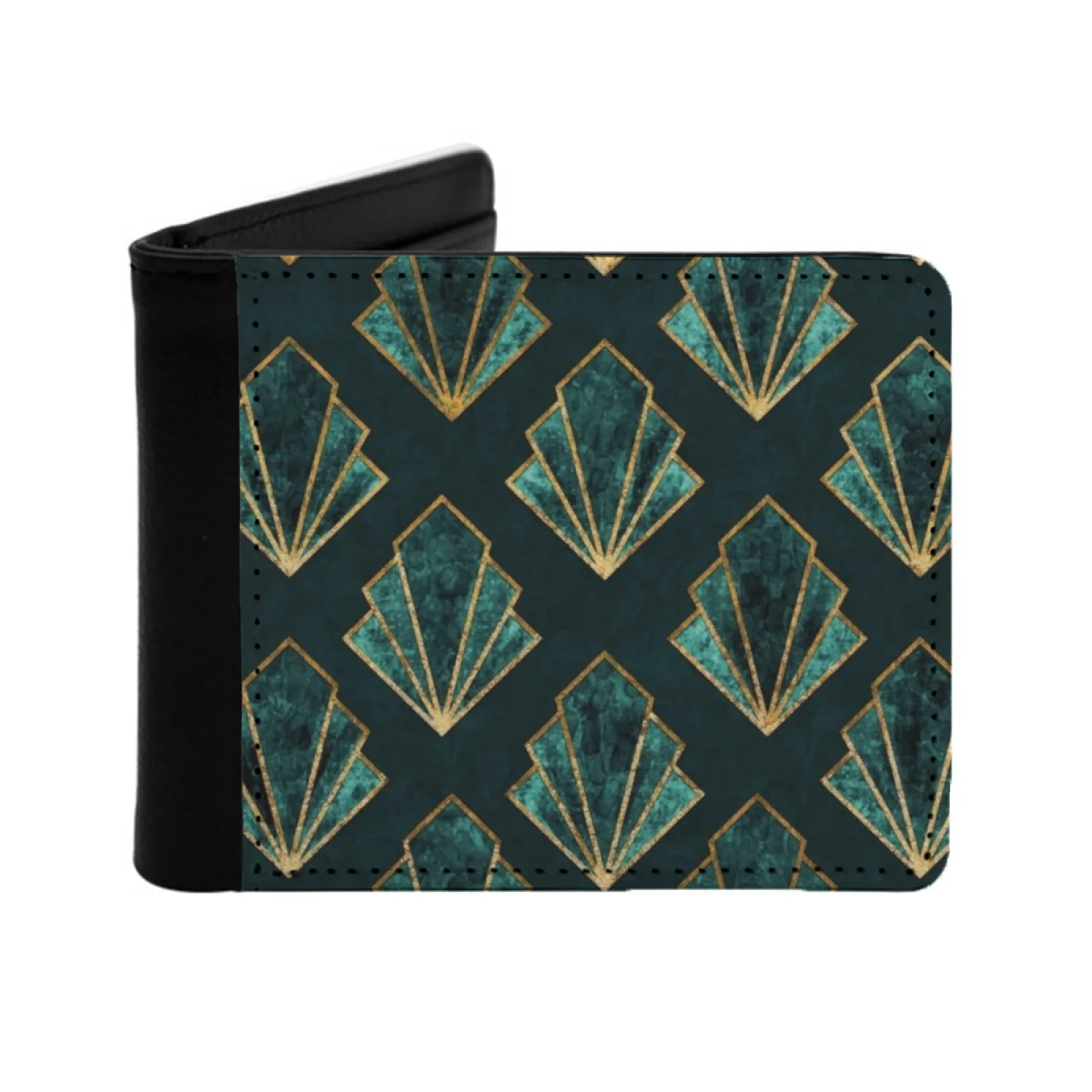 Art Deco Pattern In Emerald Green And Gold Personalized Men's Leather Wallet Credit Card Pouch Purse Art Pattern Emerald Green