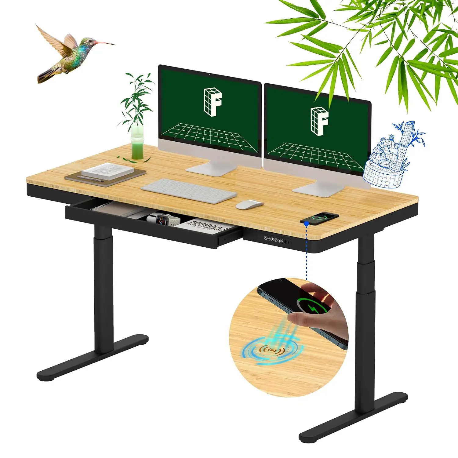 Bamboo Standing Desk Dual Motor 3-Stage Height Adjustable Electric Workstation Wireless Charging Drawer 220lbs Black Frame, Cust