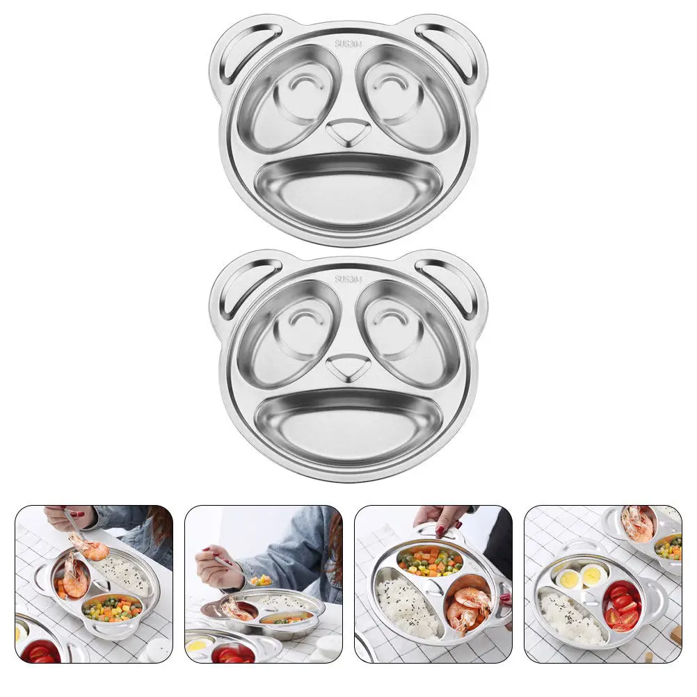 2Pcs Stainless Steel Panda Divided Food Plates Compartment Tray Oven Microwave Safe Portion Control Serving Plate