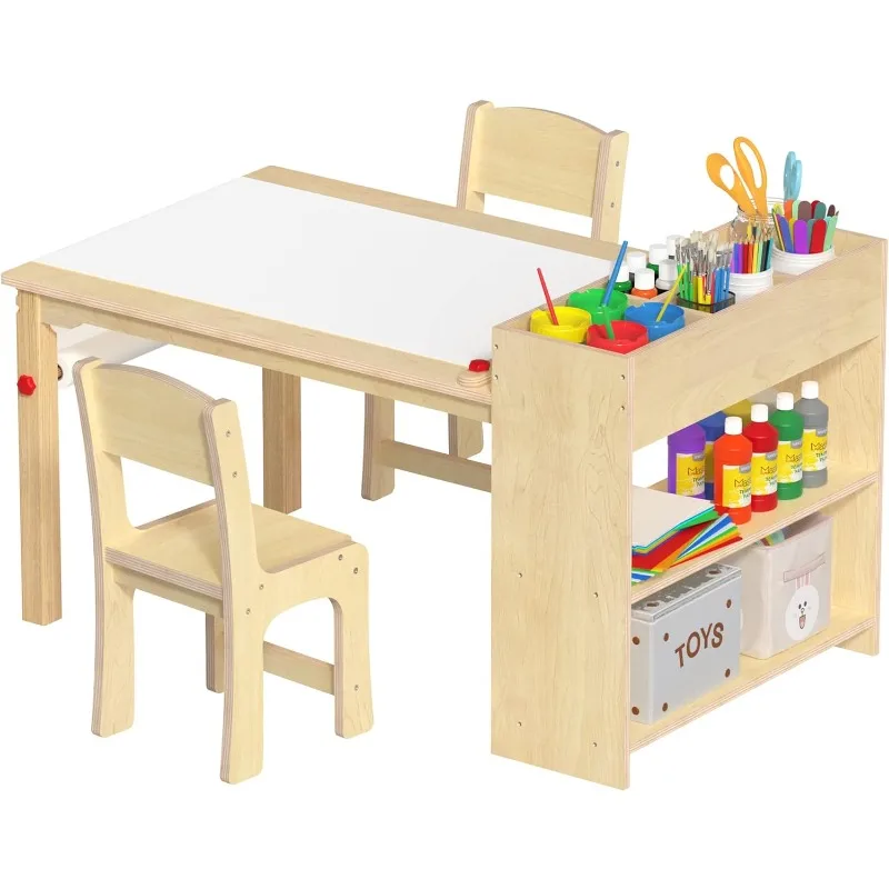 Mesa de Arte Infantil e 2 Cadeiras, Mesa de Desenho em Madeira, Atividade e Artesanato, Mobiliário Infantil