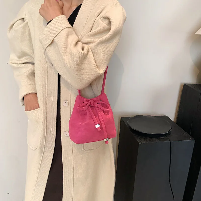 Bow Design Suede Crossbody Bag Autumn Winter Women New Vintage Brown Simple Mini Bucket Bag Soft Leather Drawstring Phone Bag