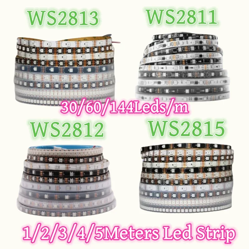 

Светодиодная лента WS2811, WS2813, WS2815, WS2812B, 5 в постоянного тока, 30/60/144 светодиода, индивидуально Адресуемая полноцветная светодиодная лента с двойным сигналом, фотолампа, 1-5 м