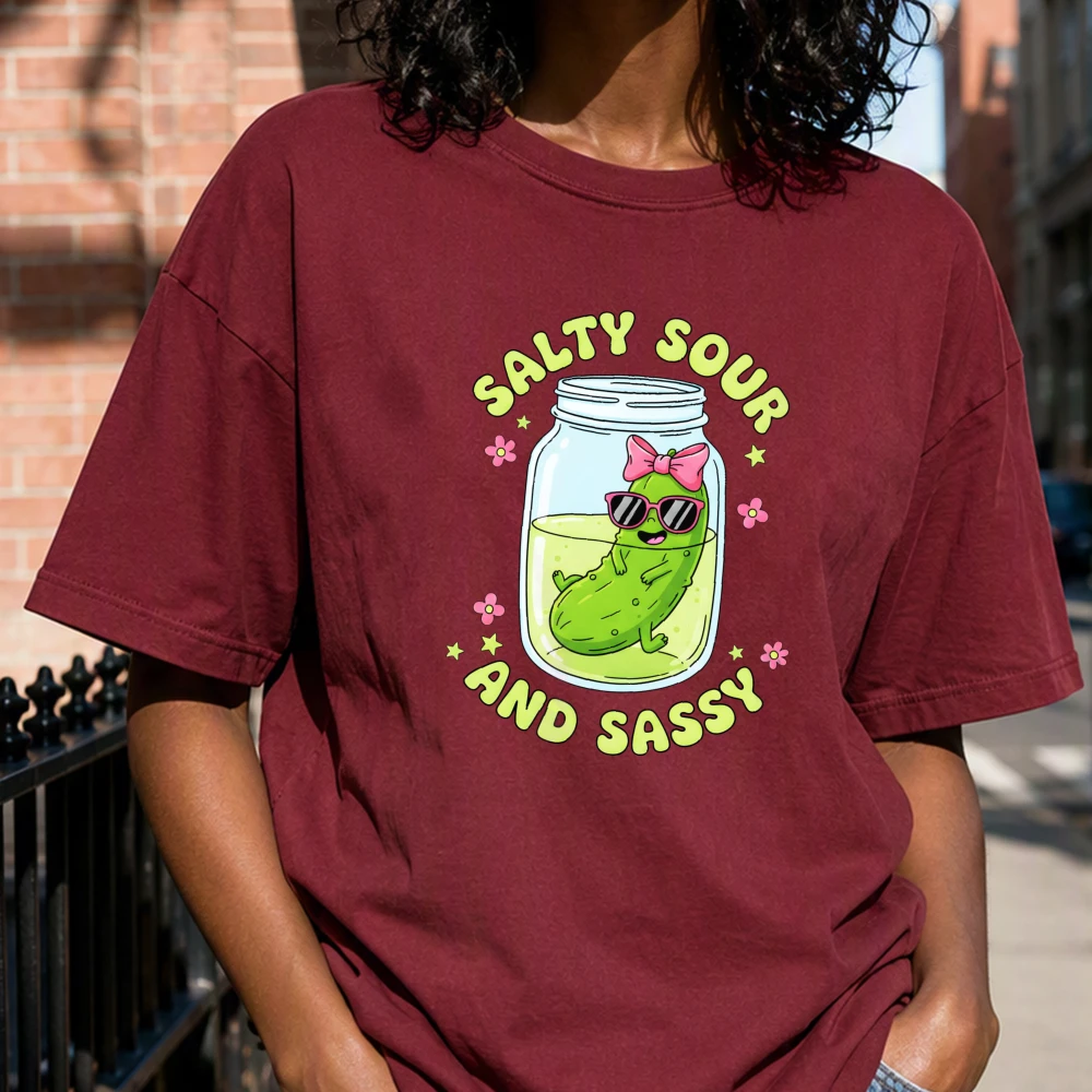 Salty Sour Sassy Pickle Character Men T-Shirt Trendy Streetwear Tee Top Summer Vacation Outfit Humorous Gift for Women