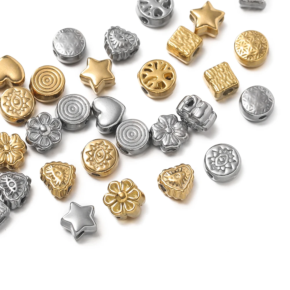 10Pcs/Pack Stainless Steel Various Shape Gold Steel Color Texture Spacer Beads for DIY Bracelet Jewelry Making Accessories view 4
