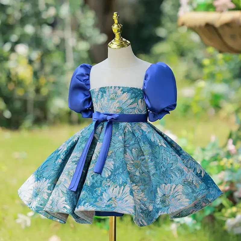 Vintage Flower Girl Princess Dress For Weddings Party Host Dress Printing Color-block Fluffy Piano Performance Costume Catwalk