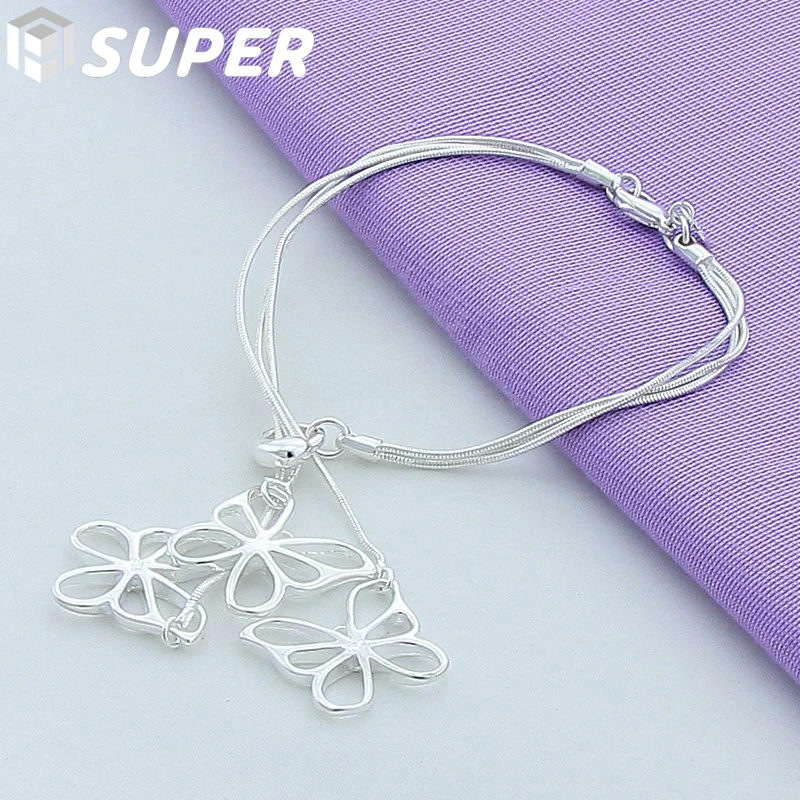 

925 Sterling Silver Snake Chain Three Butterfly Bracelet For Women Charm Wedding Engagement Party Jewelry