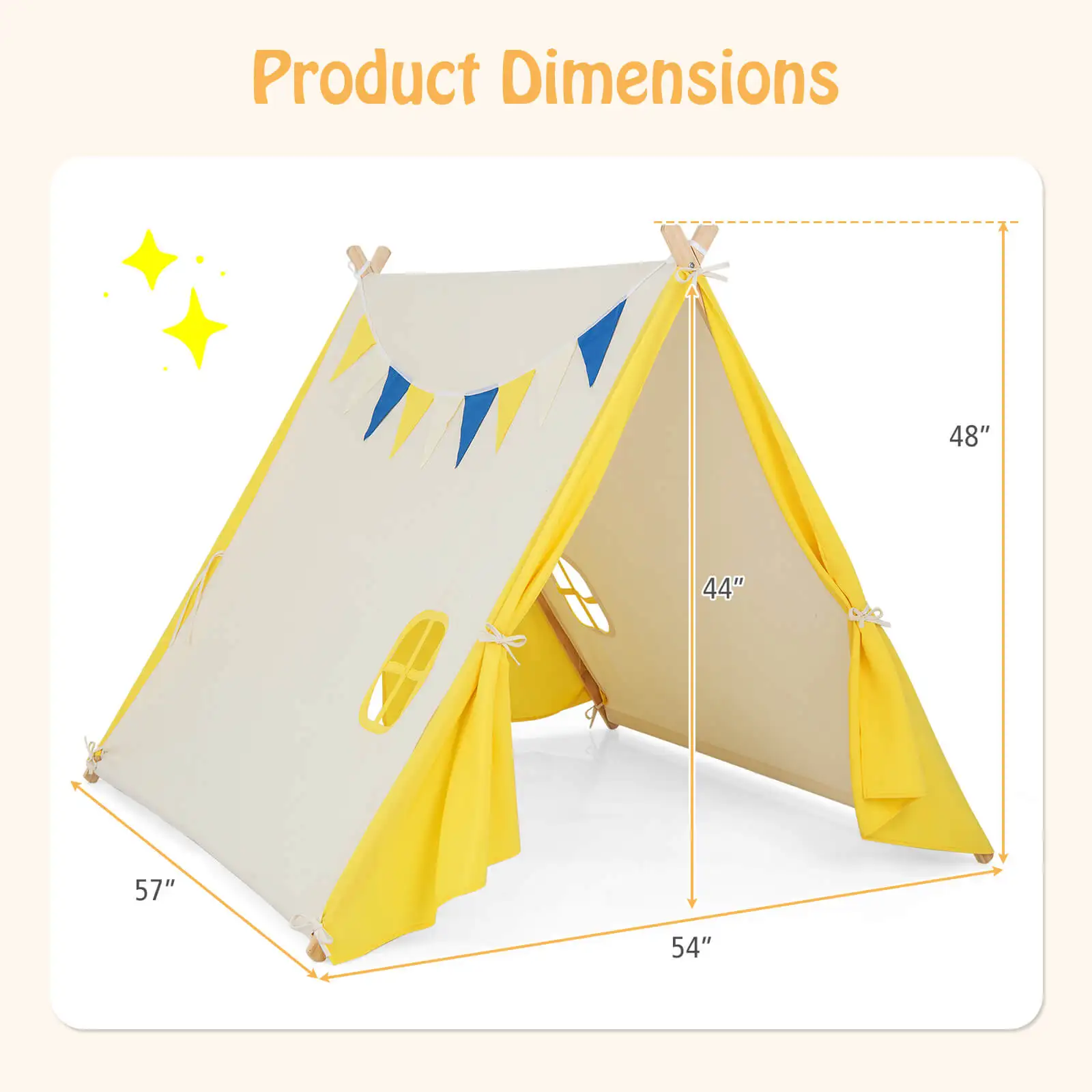 Tente de jeu pour enfants, tente triangulaire pour enfants et tout-petits avec cadre en bois massif beige