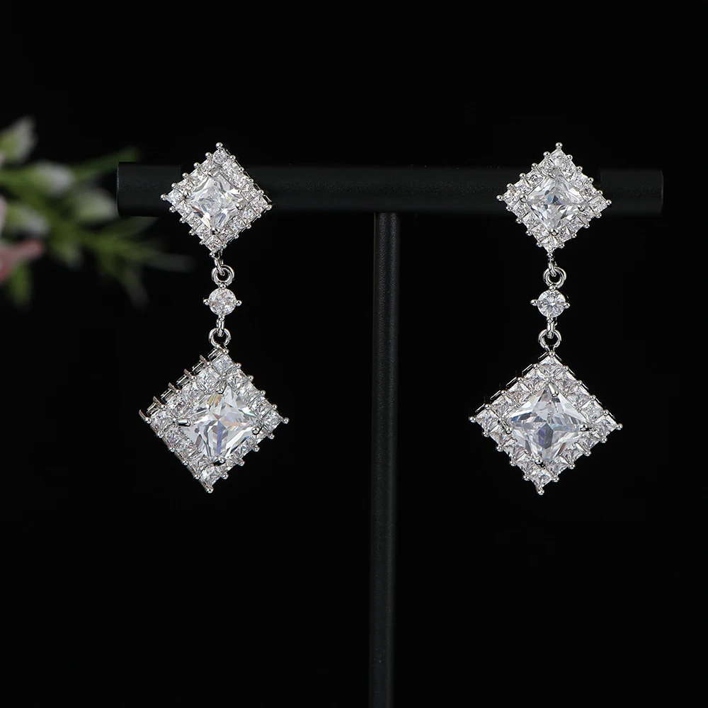 

Luxury Geometry Rhombus Square Earrings For Women Wedding Cubic Zirconia CZ DUBAI Bridal Earring Jewelry Accessories E1194