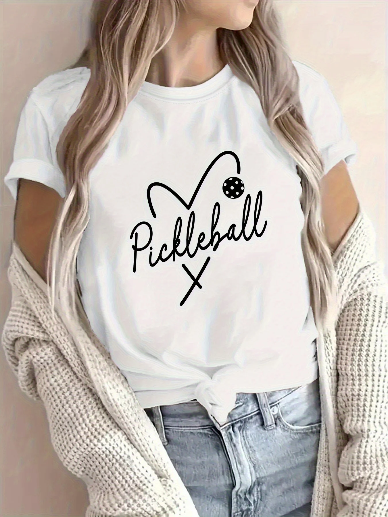

Women's Pickleball Graphic T-Shirt Sleeve Round Neck White Tee with Black Paddle Ball Print Harajuku Short Sleeve Casual
