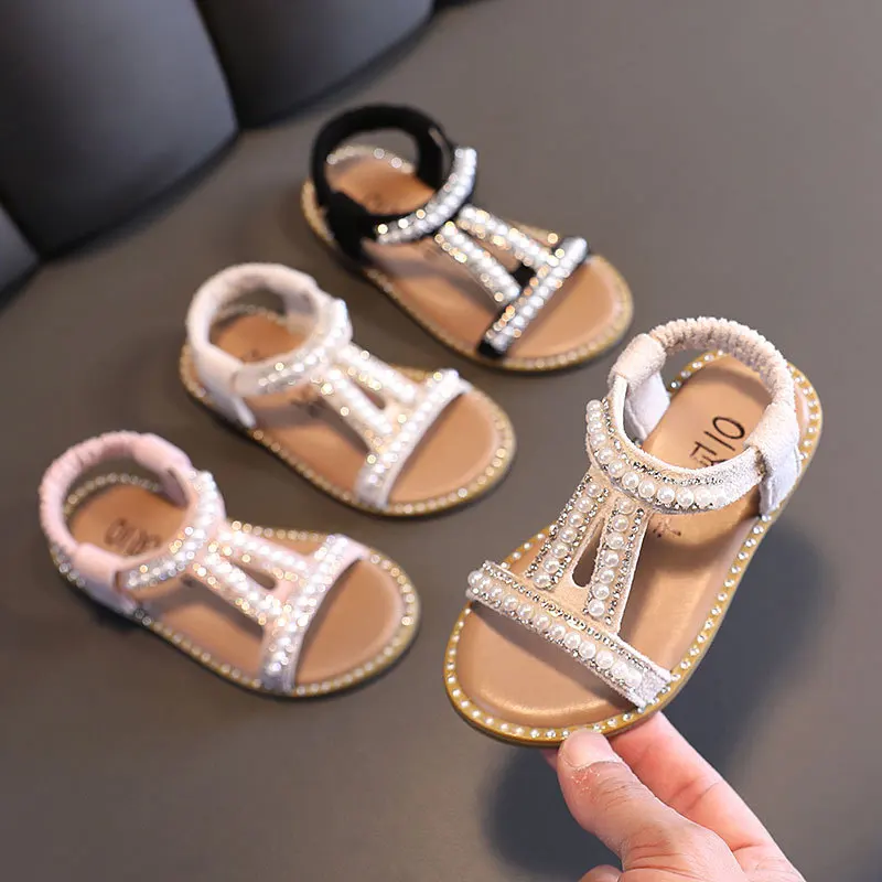 Sandalias Kid Sandals 2023 Summer New Pearl Girl Sandals Open Toe Princess Shoe Soft Sole Girl Shoe Fashion Beach Shoes Kid Shoe