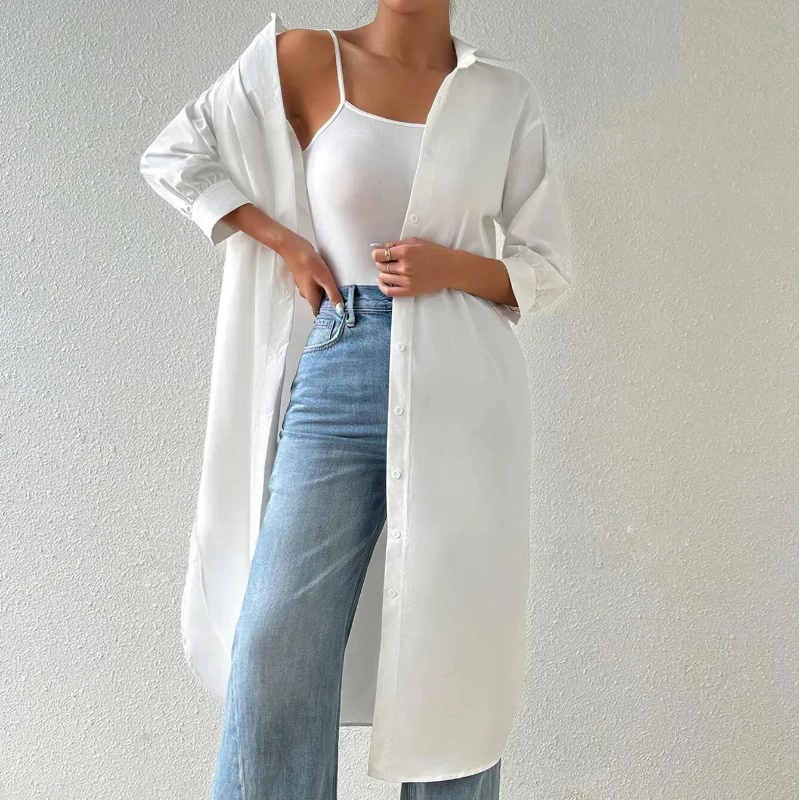Autumn Collar Long Sleeved Solid Color Korean Versatile Long Style Women's Clothing Solid Color Cardigan Mid Sleeve Shirt Tops