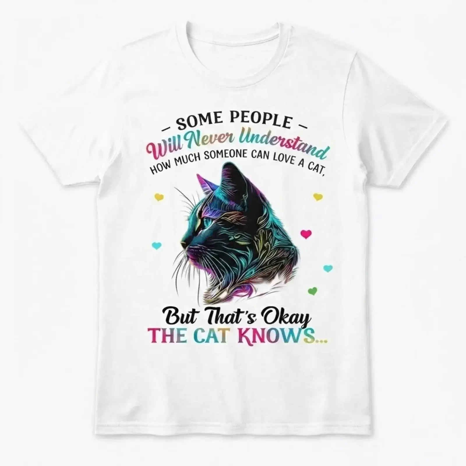 T-shirt blanc unisexe The Cat Knows Cute Colorful Lover, style vintage délavé, graphique respirant, mode décontractée, vêtements de créateur
