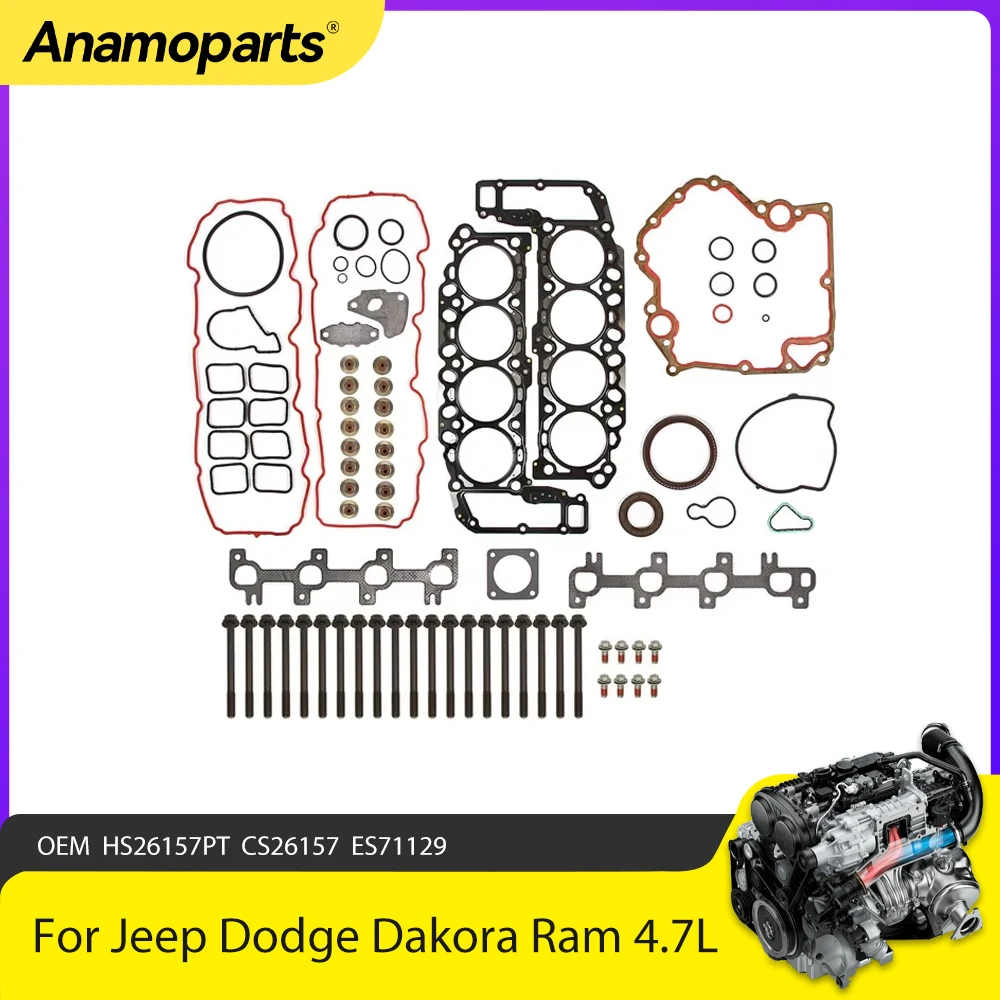 

Engine Parts Full Gasket Set Head Bolts Fit 4.7 L For 1999-2003 Jeep Dodge Dakora Durango Ram 4.7L 287CID V8 GAS SOHC HS26157PT