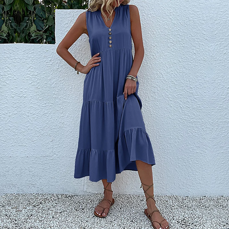 Casual Sommer frauen Lange Kleid Für Strand Ärmellose Tank V-ausschnitt Tasten Elegante Lose Maxi Kleider Soild Sommerkleid Weibliche