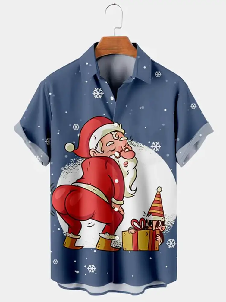 Men's Shirts 3D Christmas Printed Clothes Funny Button Short Sleeve Streetwear Shirt For Men Santa Claus Pattern Daily Clothing