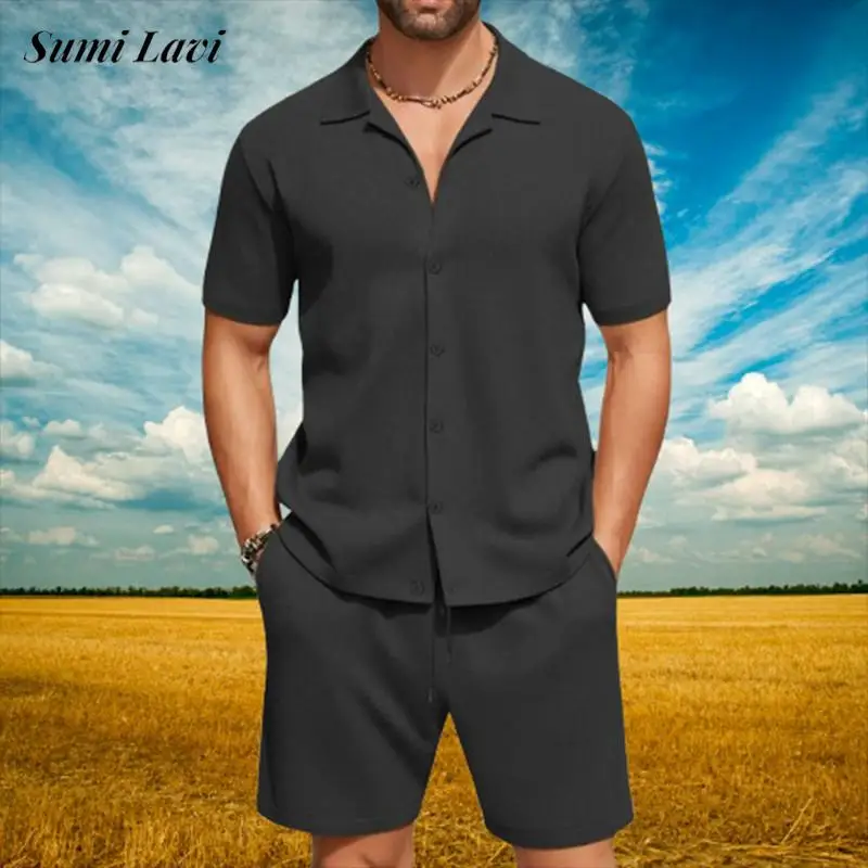 

Fashion Men's Short Sleeve Outfits New Casual Breathable Short Sleeve Textured Shirts And Shorts Sets Men Vintage Suits Pajamas