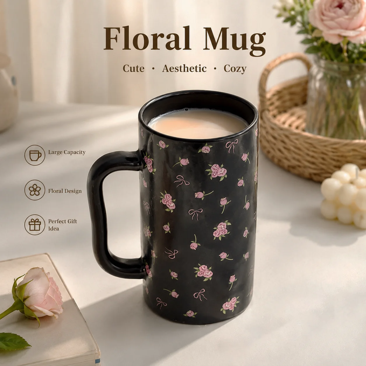 Large Capacity Tall Ceramic Coffee Mug Black Pink Rose Floral Coffee Mugs Cute Coquette Ribbon Tea Cup Birthday Gift