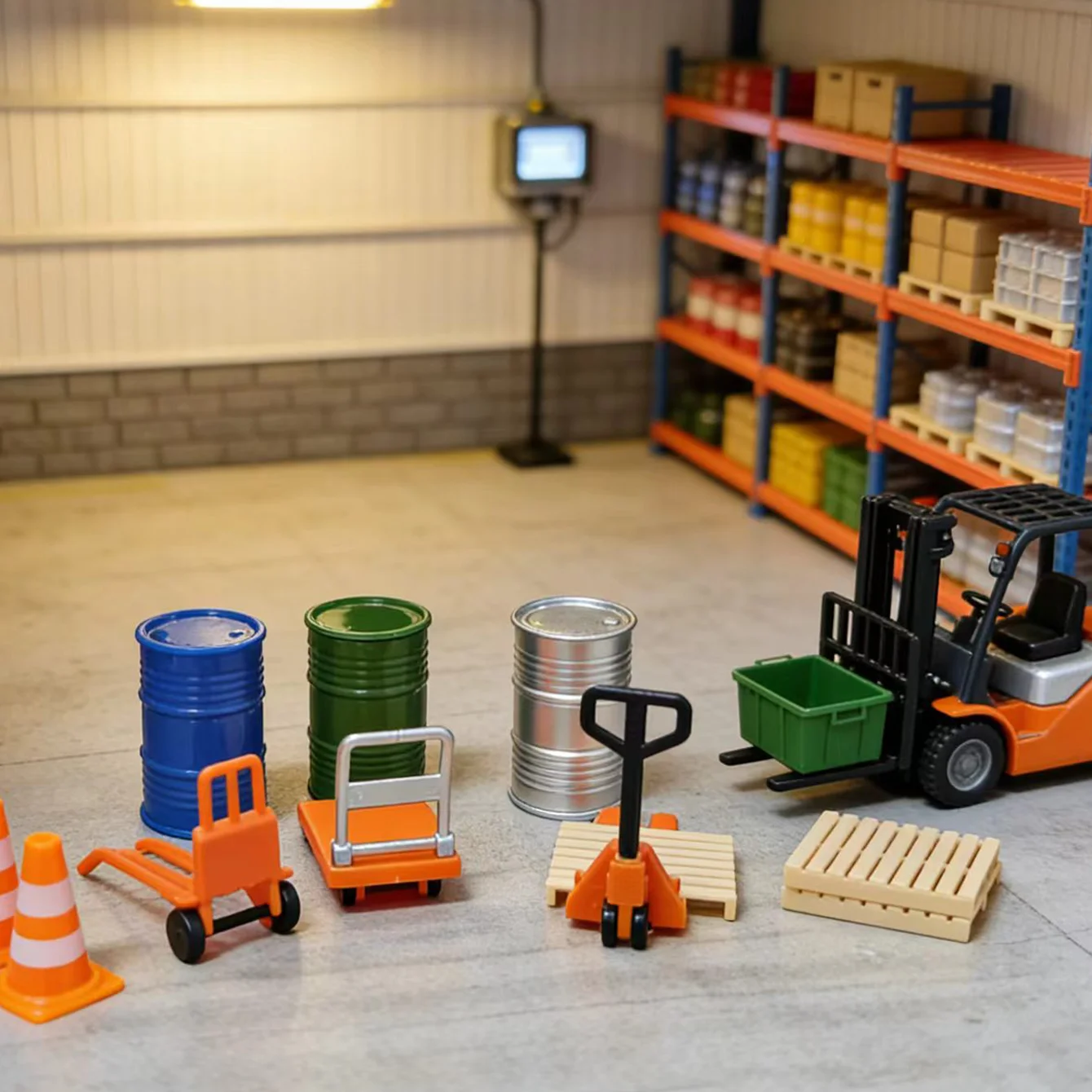 12-teiliges Miniatur-Logistikszubehör-Set: Mini-Handwagen / Gabelstapler / Ölfass / Holzpalette / Verkehrskegel. – Detail 2