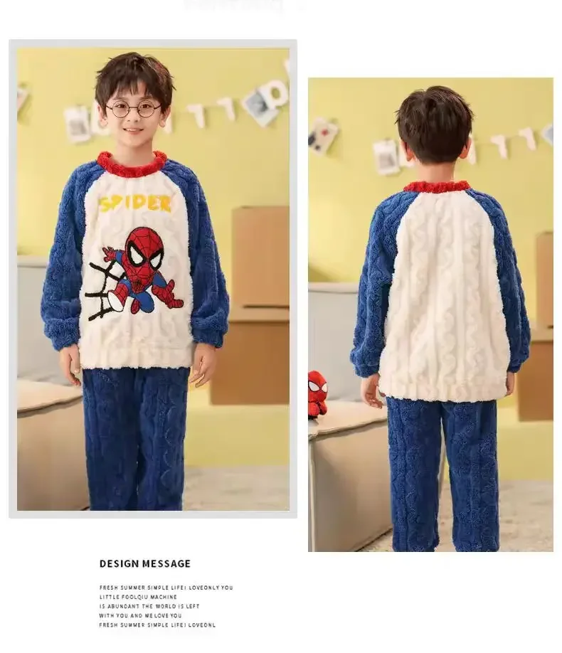 Marvels Spidermans Boys Pajamas Pants Set Kids Winter Warm Thickening Home Clothes Children New Anime Nightwear Trousers Gift