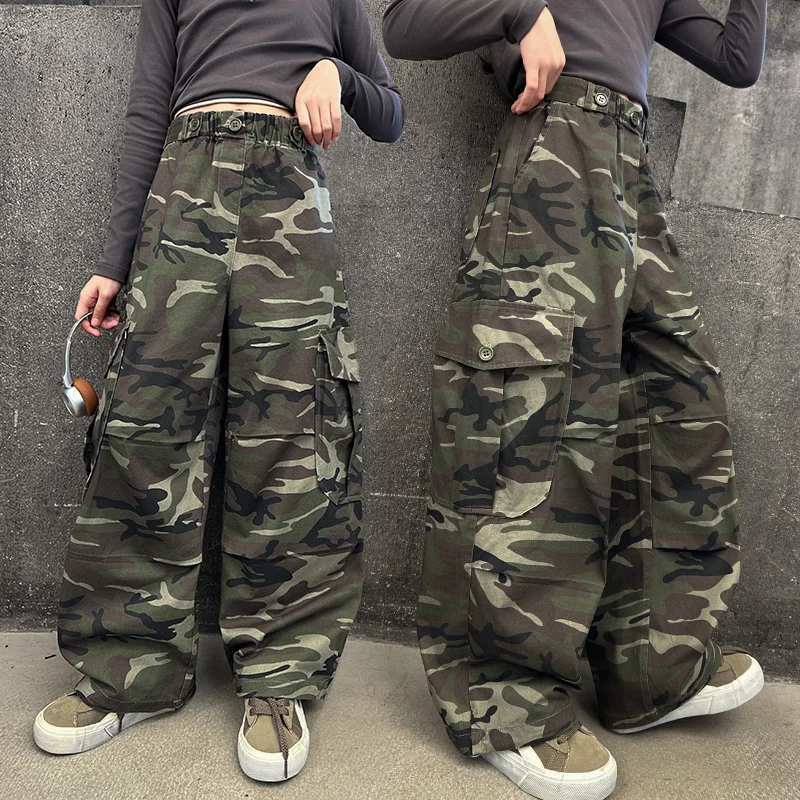 

Kids Girl Spring Autumn Camouflage Cargo Pants with Pocket High Quality Cotton Camo Trousers Children Casual Straight Trackpants