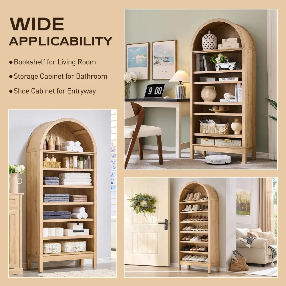 Tall Arched Bookshelf, 7-Tier Open Shelf Bookcase, Medium Density Fiberboard