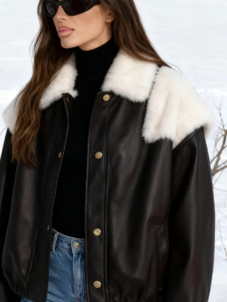 

2025 Lady Winter Chic Casual Jacket Coats Trendy Women's Brown Leather - Look Jacket Warm High - Neck Faux Fur Accents Jackets