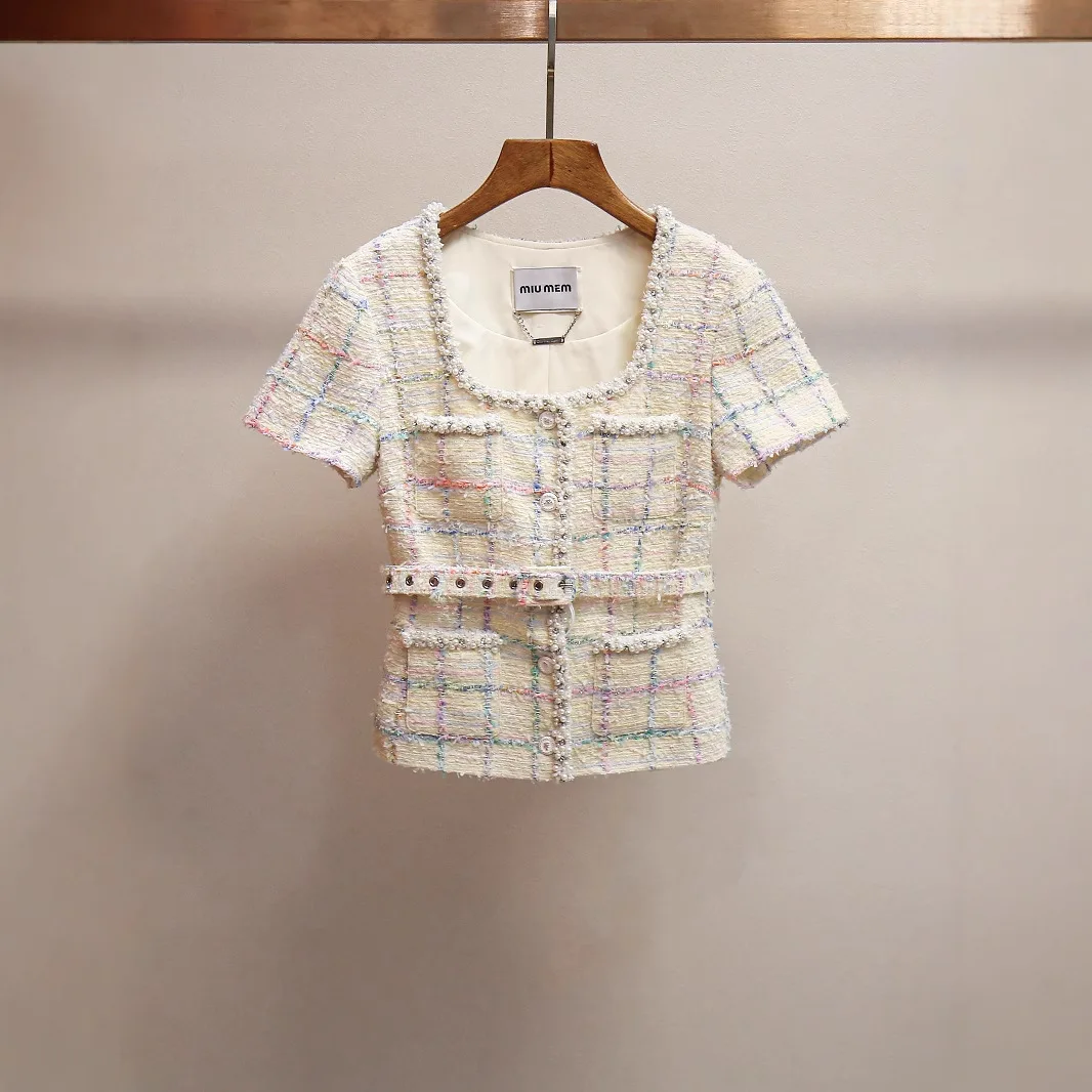 

MaSande High-End Women's ort Outerwear Summer New Korean Sle Small Fraance Wind Knitted Beaded Square Collar Plaid Top