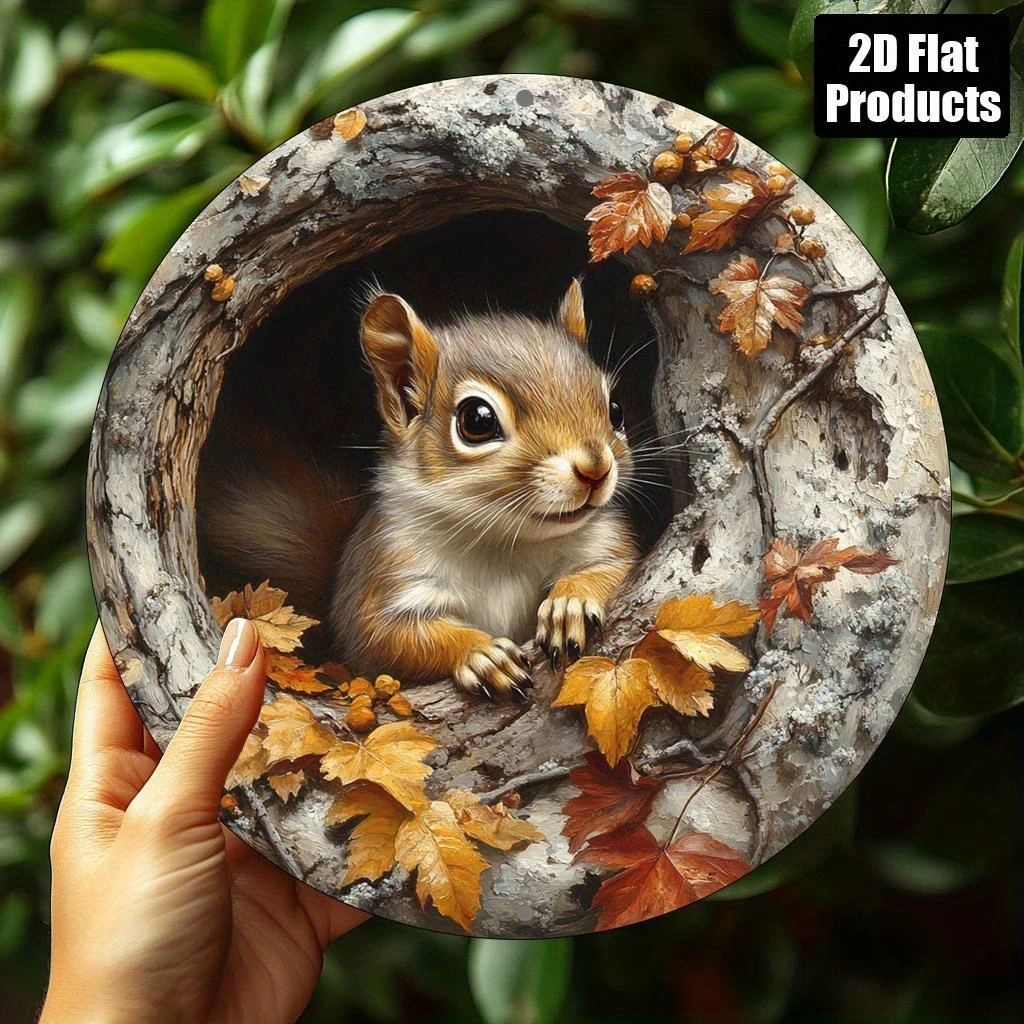 Retro Squirrel Maple Leaf Pattern Wooden Round Plate Cute Hanging Decoration for Home Bar Kitchen Cafe Animal Lover Photo Props