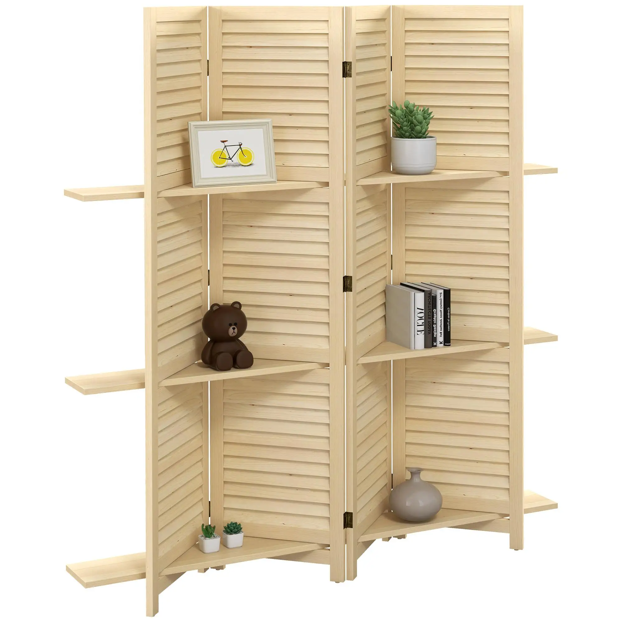 Paravent 4 panneaux 160x170cm couleur naturelle. Avec 3 Etag. & Pers. en paulownia, pliable