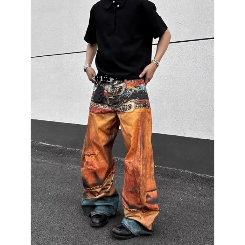 American High Street Trendy Brand Men's Loose Straight Casual Pants Yellow Denim Jeans Digital Printing Fake Hole Casual Wear
