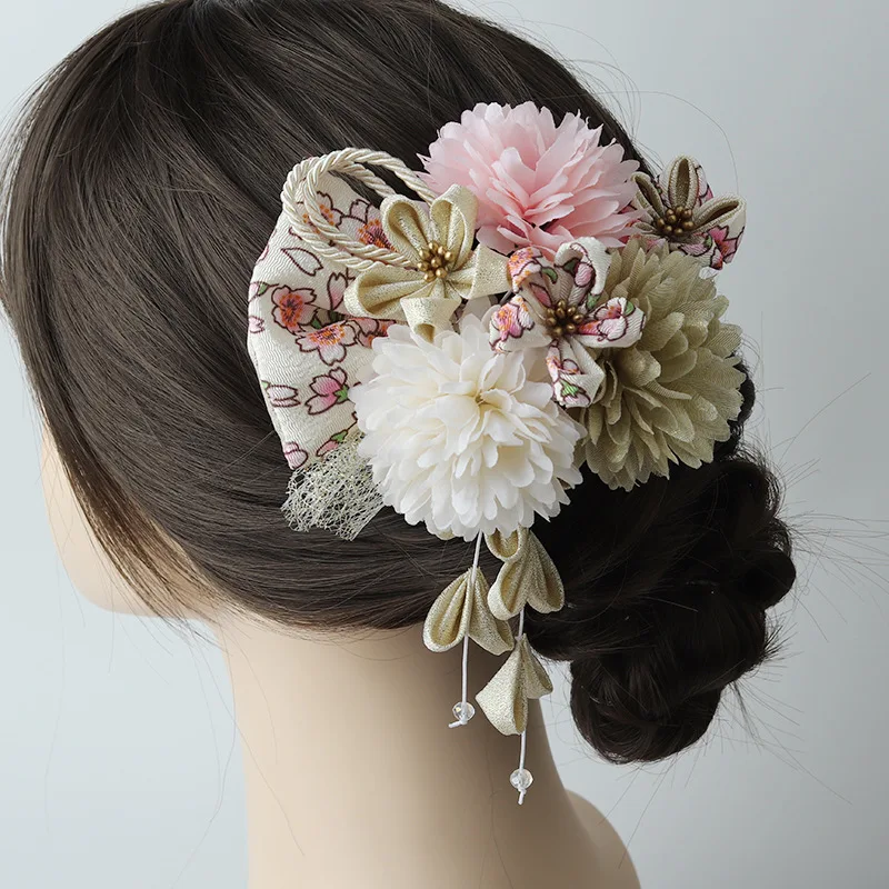 Retro Hanfu Silk Flower Hair Accessories, Japanese-style Kanzashi Fine Craft Updo Makeup Set for Travel Photography, and Kimono