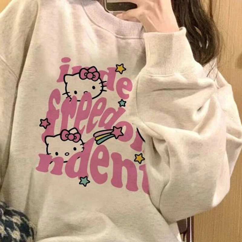 Sanrio Hello Kitty Women Autumn Hoodies Y2k Pullovers Cotton Pullovers Casual Oversized Coat Sweatshirt Long-sleeved T-shirt