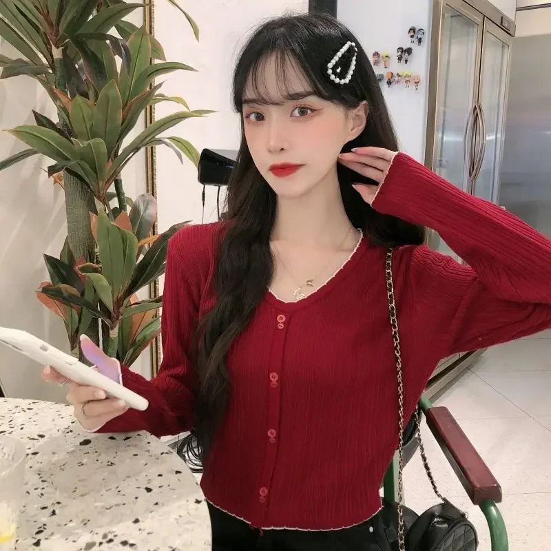 Woman Sweaters Cardigan Autumn Sweater Long Sleeve Women's V-neck Ice Silk High Waist Short Red Top Clothes