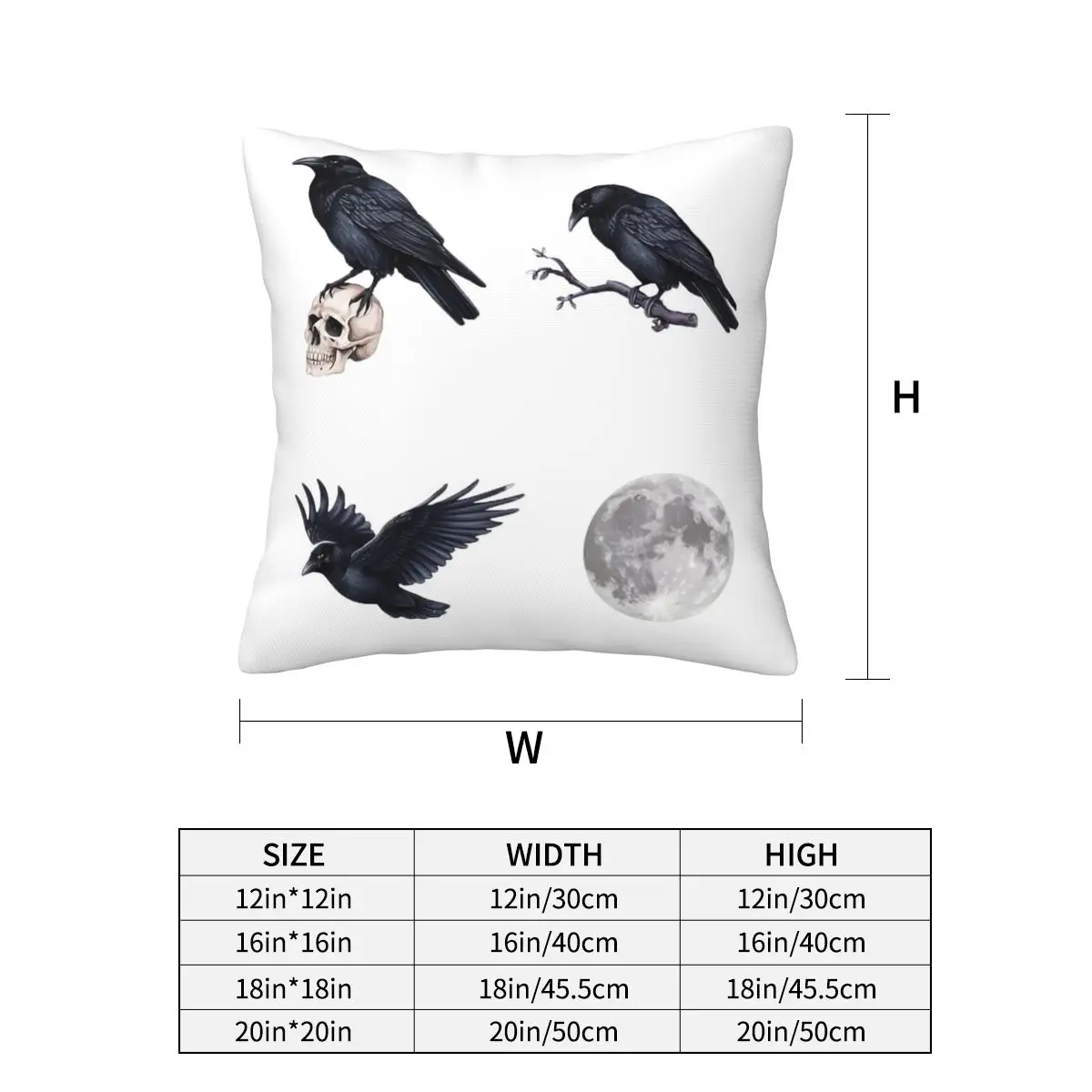 Trendy Black Raven Crow ,skull And Moon Pack Square Pillowcase Pillow Cover Cushion Zip Decorative Throw Pillow for Home Car