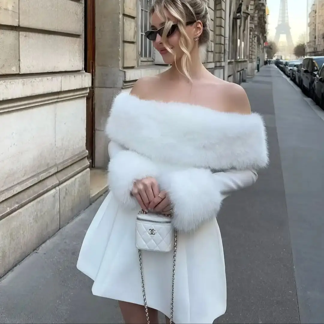 Ofherown エレガントなフェイクファーミニイブニングドレス Aライン オフショルダー プロムドレス クリスマスホリデーパーティー用 Vestido de Noche