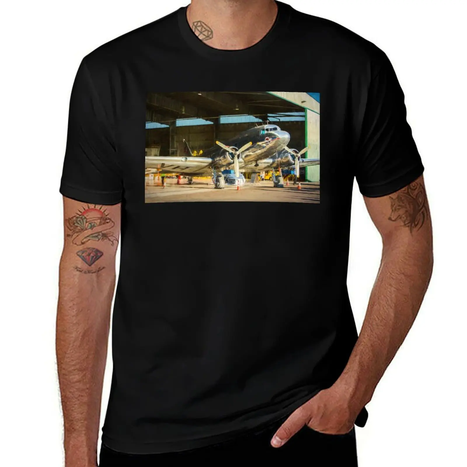 

Douglas DC3 in the Hangar T-Shirt man t shirts graphic t shirt men 100% cotton luxury brand t shirts designer T-Shirt