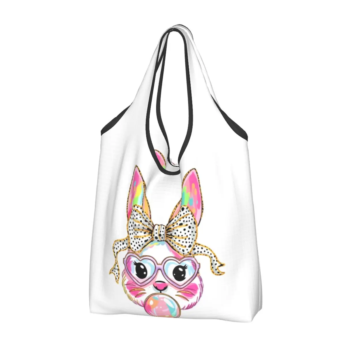 Happy Easter Bunny Grocery Bags Durable Large Reusable Recycle Foldable Heavy Duty Shopping Eco Bag Washable With Pouch