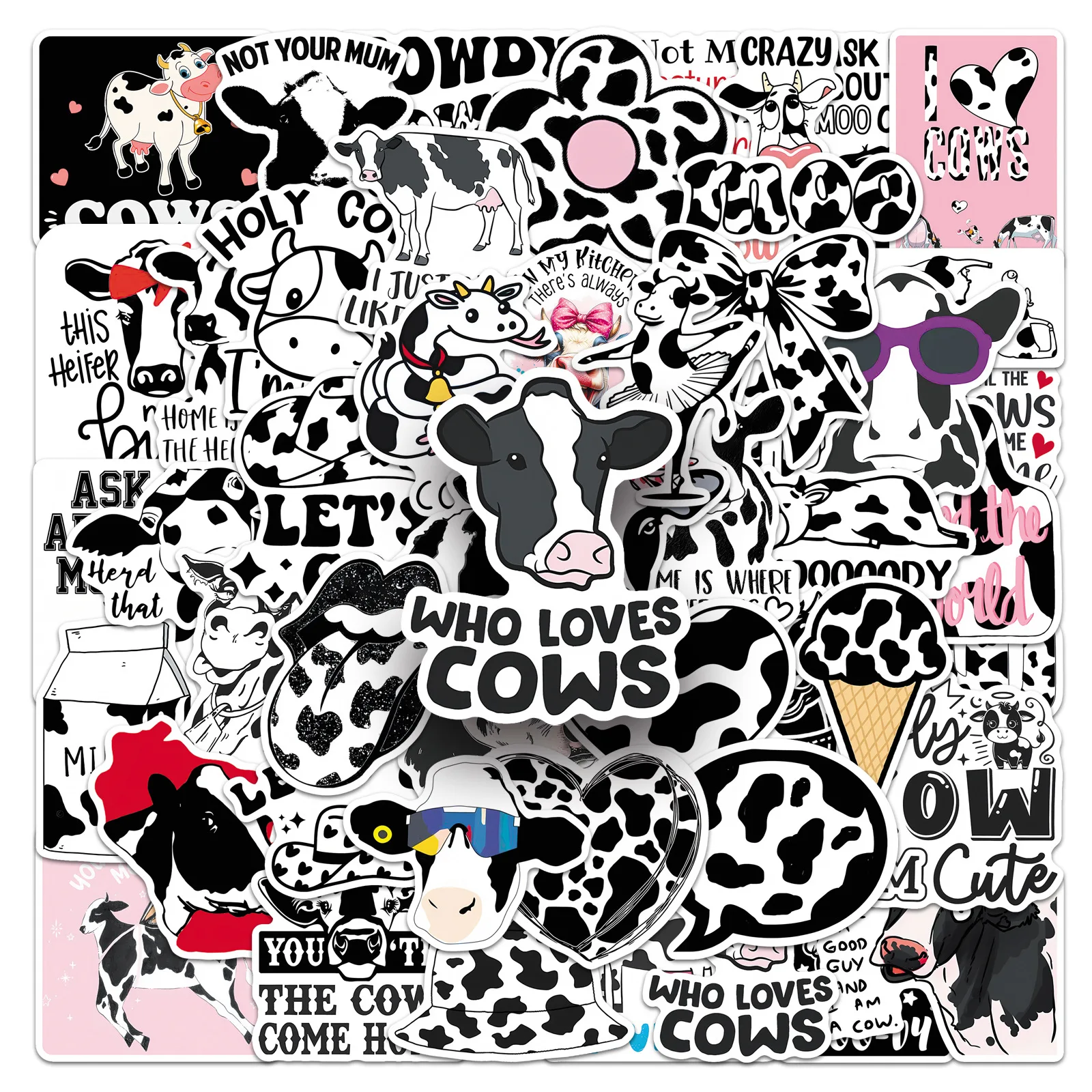 

50PCS Cow Stickers Cartoon Animal Black and White Spots Can Decorate Laptop Phone Case Stationery Waterproof Stickers Kids Toy