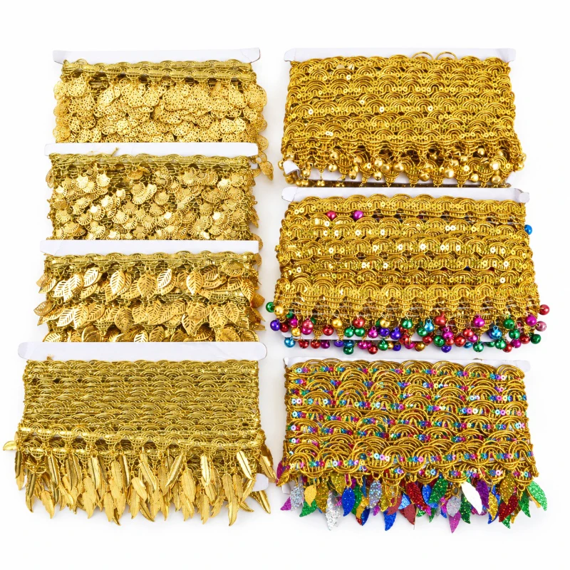 5Yards Gold Sequin Tassel Fringe Lace Trim Ribbon for Dance Dress Stage Costume Jewelry Trimming Stitching Rolls Sewing Supplies