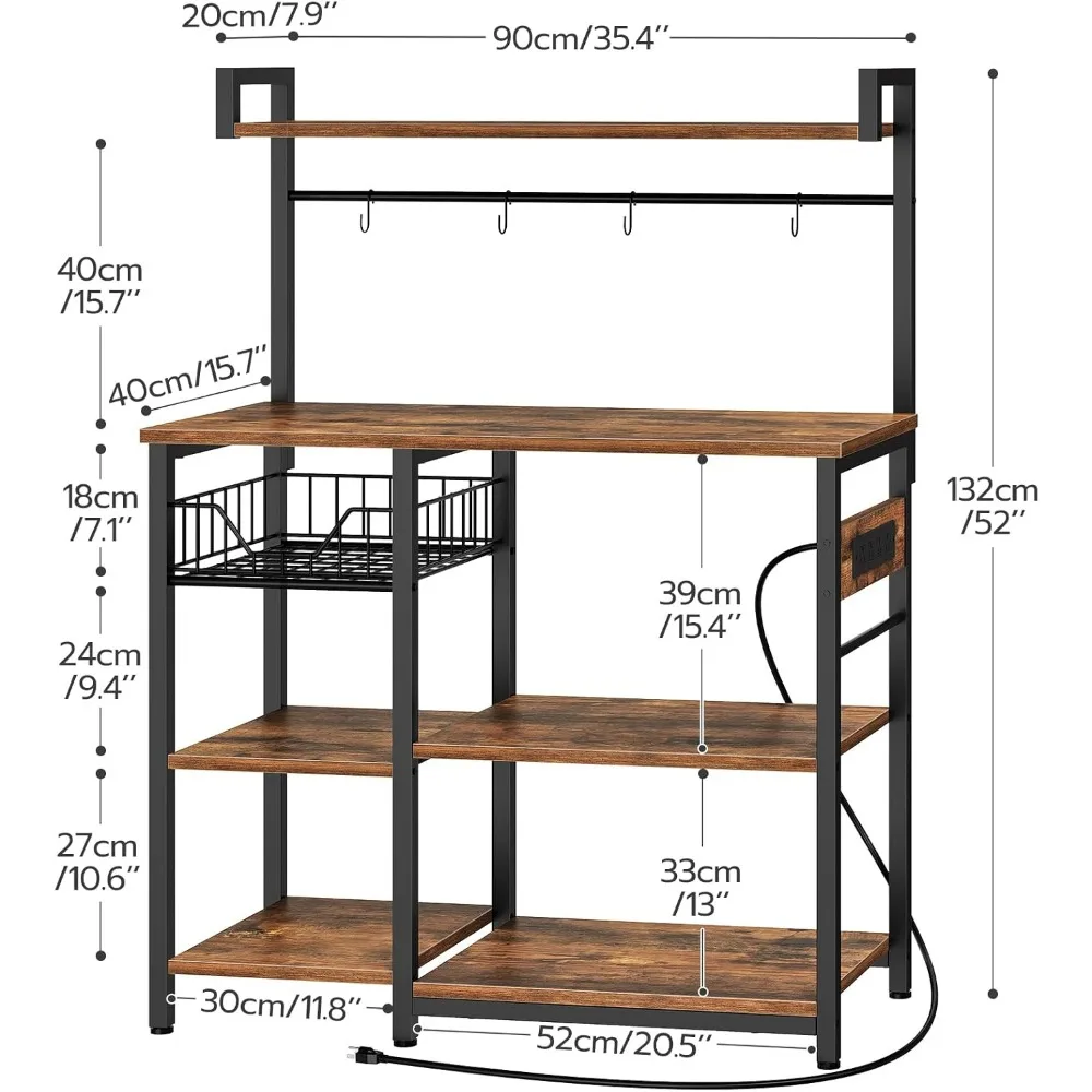 Стойка для пекарей с розеткой, 35,4 дюймовый кофейник с сетчатой корзиной, стойка для микроволновой печи с 4 крючками S-образной формы