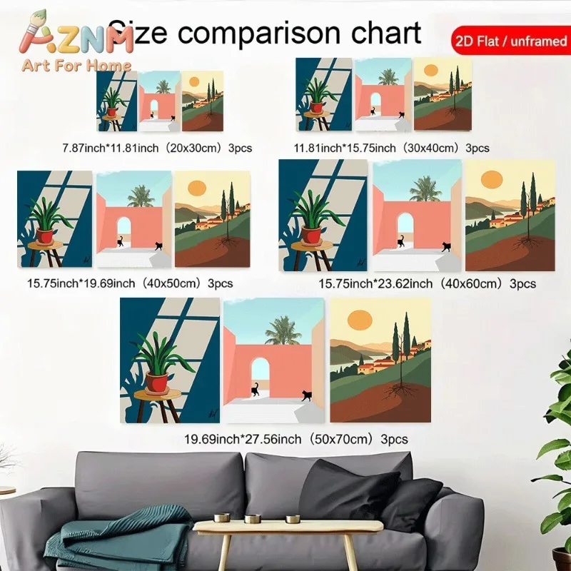 Boho Mediterranean Plant Cat Canvas Wall Art 3pcs Abstract Arch Scenery Italian Countryside Unframed Canvas Print For Home Wall